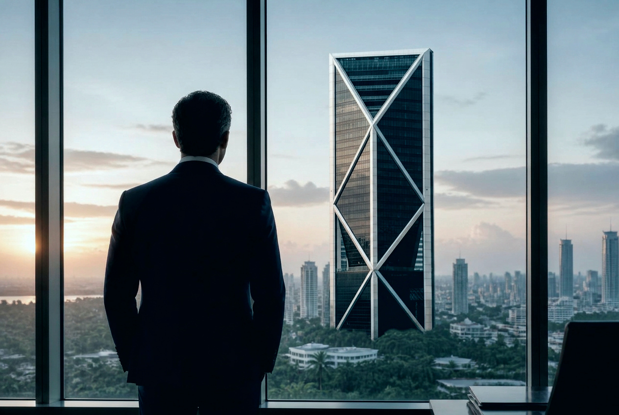 Executive looking out an office window towards Ilham Tower at dawn