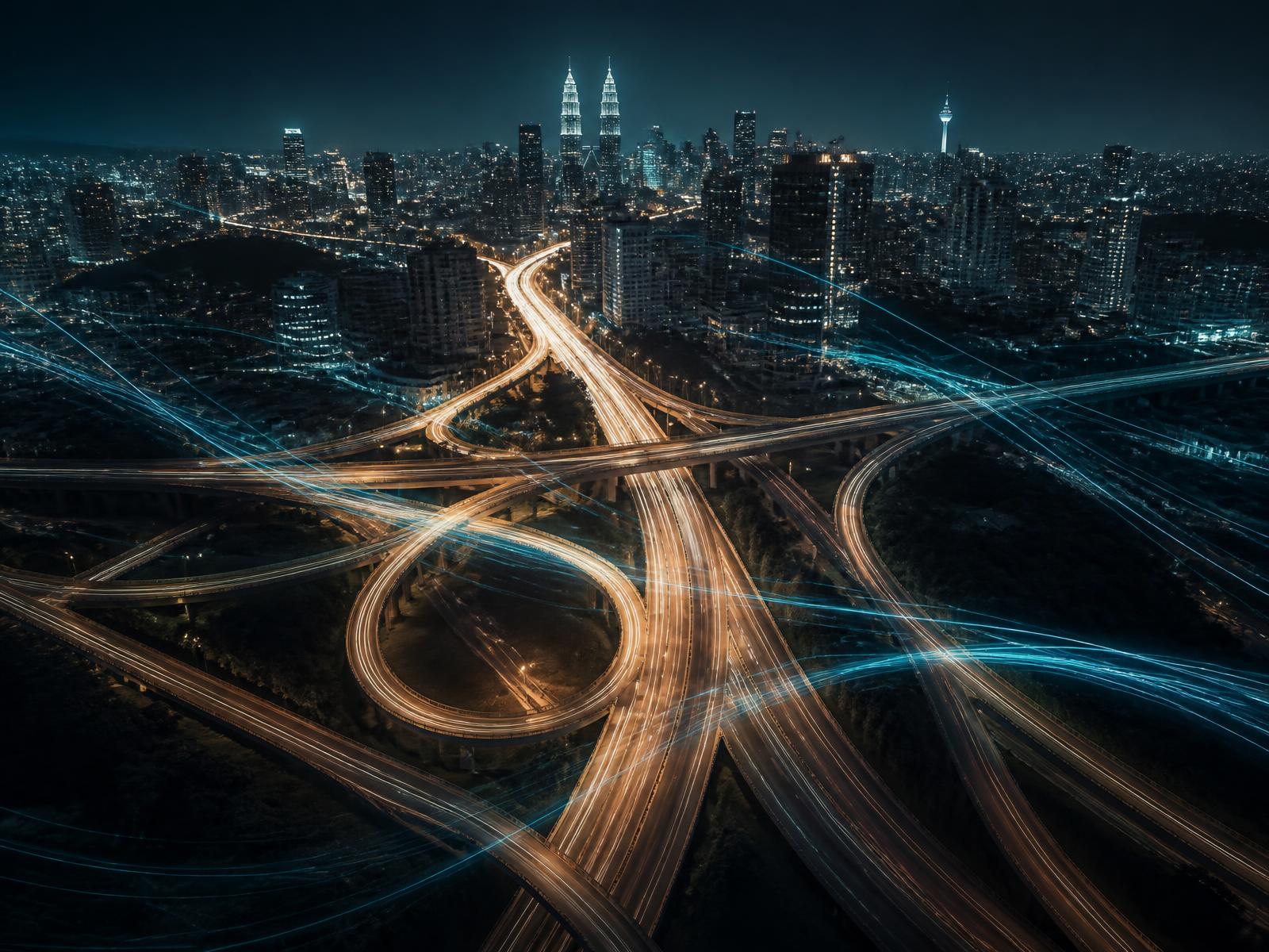 Aerial night view of illuminated interchanges and light trails linking city districts