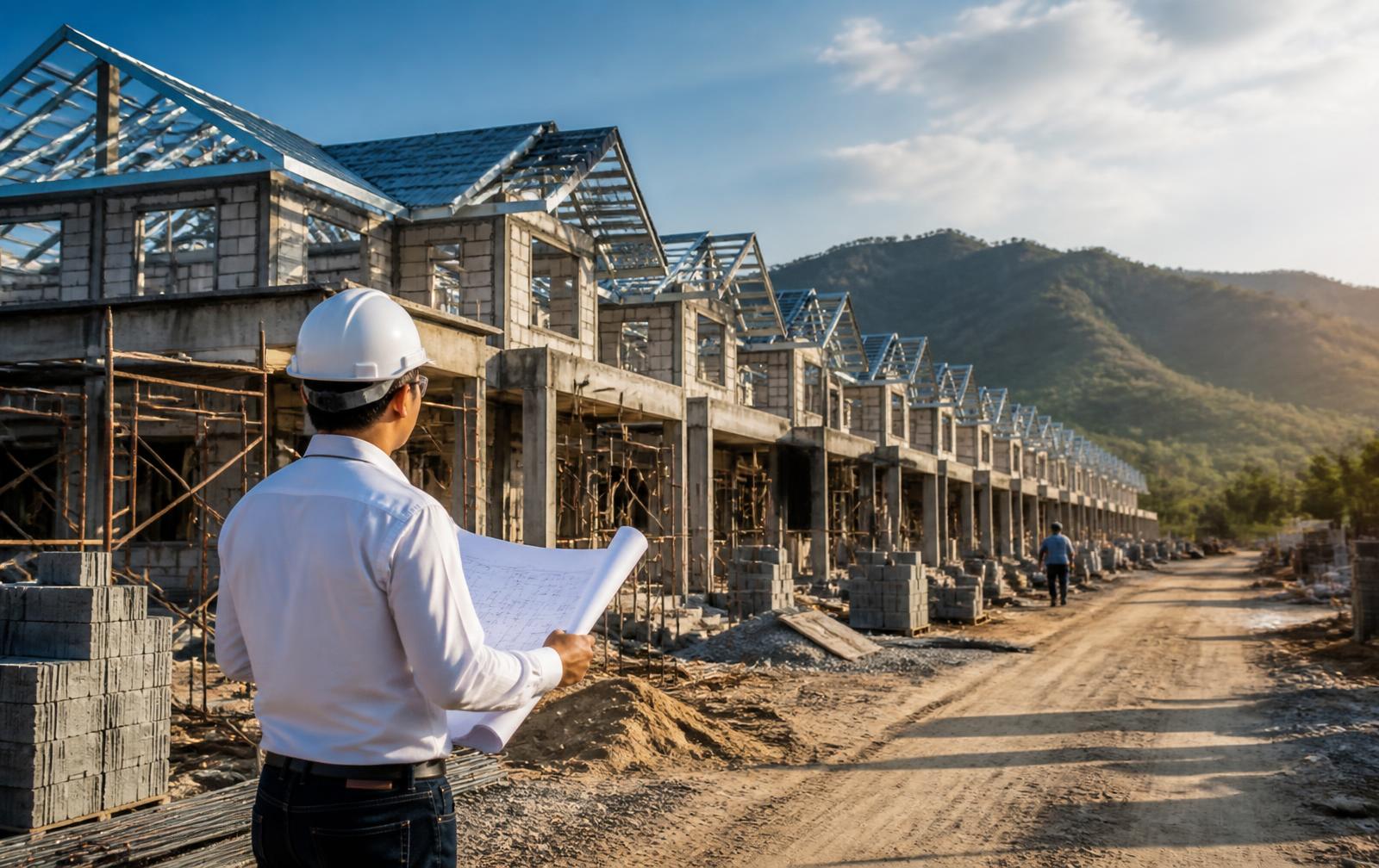 Project manager reviewing drawings on a community housing development site
